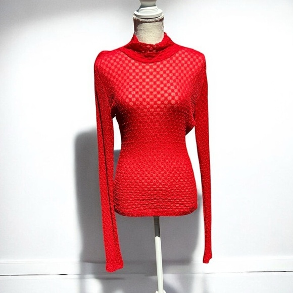 🌻NEW w/o tags FRAME Cherry Red Mesh Stretch Lace Turtleneck Top Size Medium - Picture 3 of 13